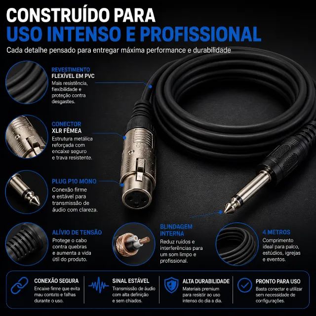 Cabo Microfone com 3 Metros P10 para Xlr  - Foto 5