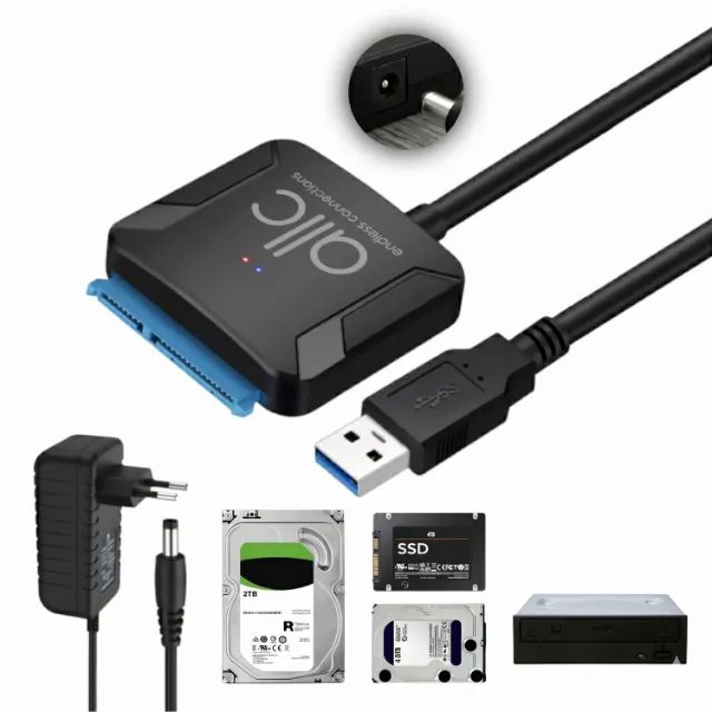 Cabo Adaptador SATA USB 3.0 para HD e SSD 2.5" e 3.5" e Leitor CD/DVD + Fonte 12V