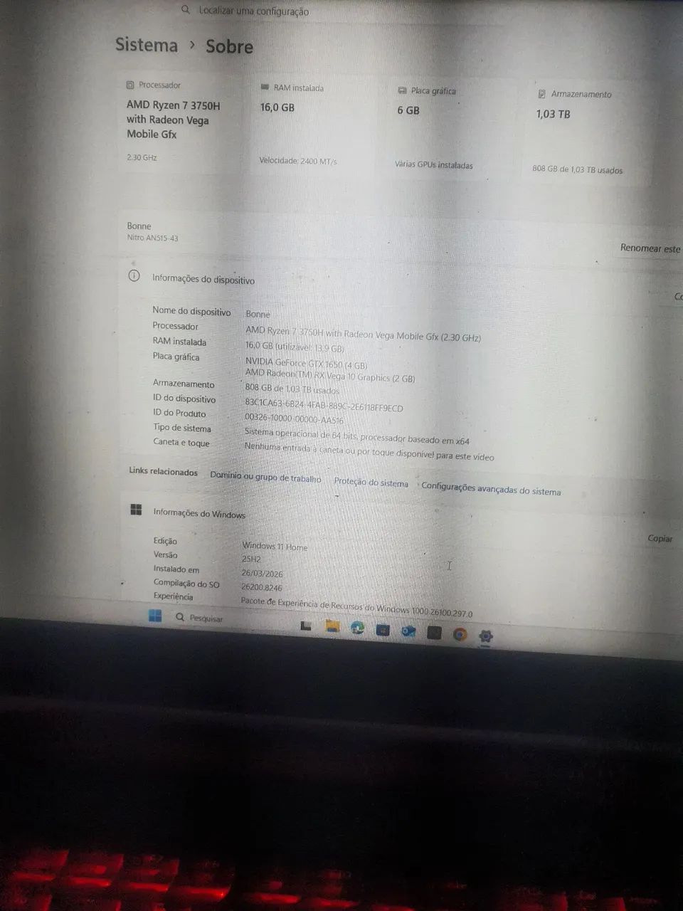 Notbook Nitro 5 Ryzen 7 3750h  - Foto 4