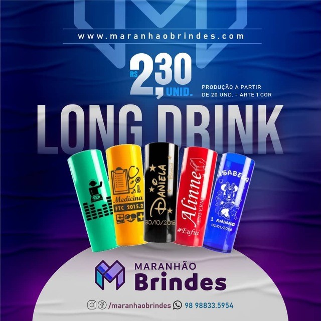 Copos Long. Drink 320ml Personalizados Coloridos
