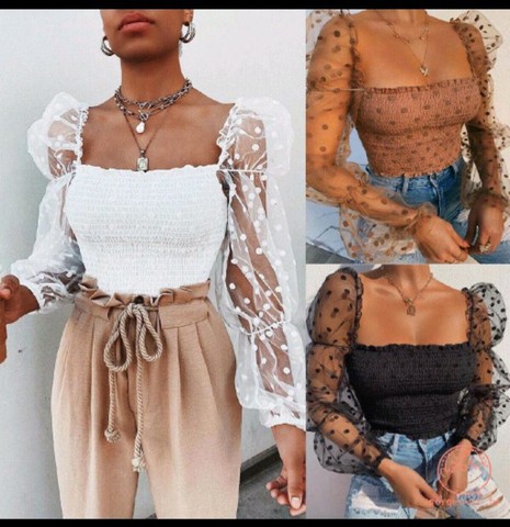 Cropped Lastex com manga longa em tule - Peças novas