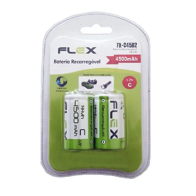 Pilha Recarregável Flex Tipo C Média 4500 mAh Lr14 com 2 Unidades no Blister FX-C45B2
