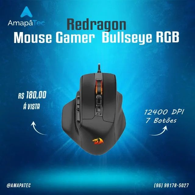 Mouse Gamer Redragon Bullseye RGB 12400 DPI 7 Botões Programáveis