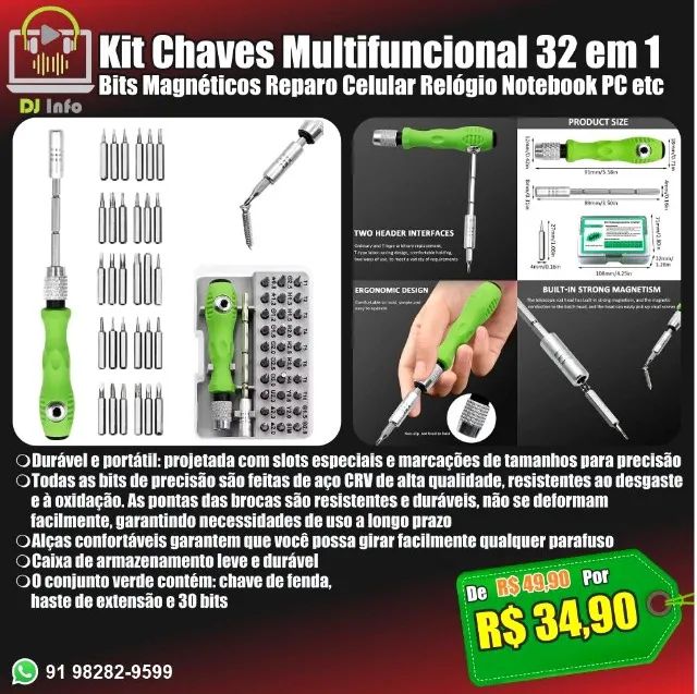 Kit Chaves Multifuncional 32 em 1 Bits Magnéticos Reparo Celular Relógio Notebook PC etc  