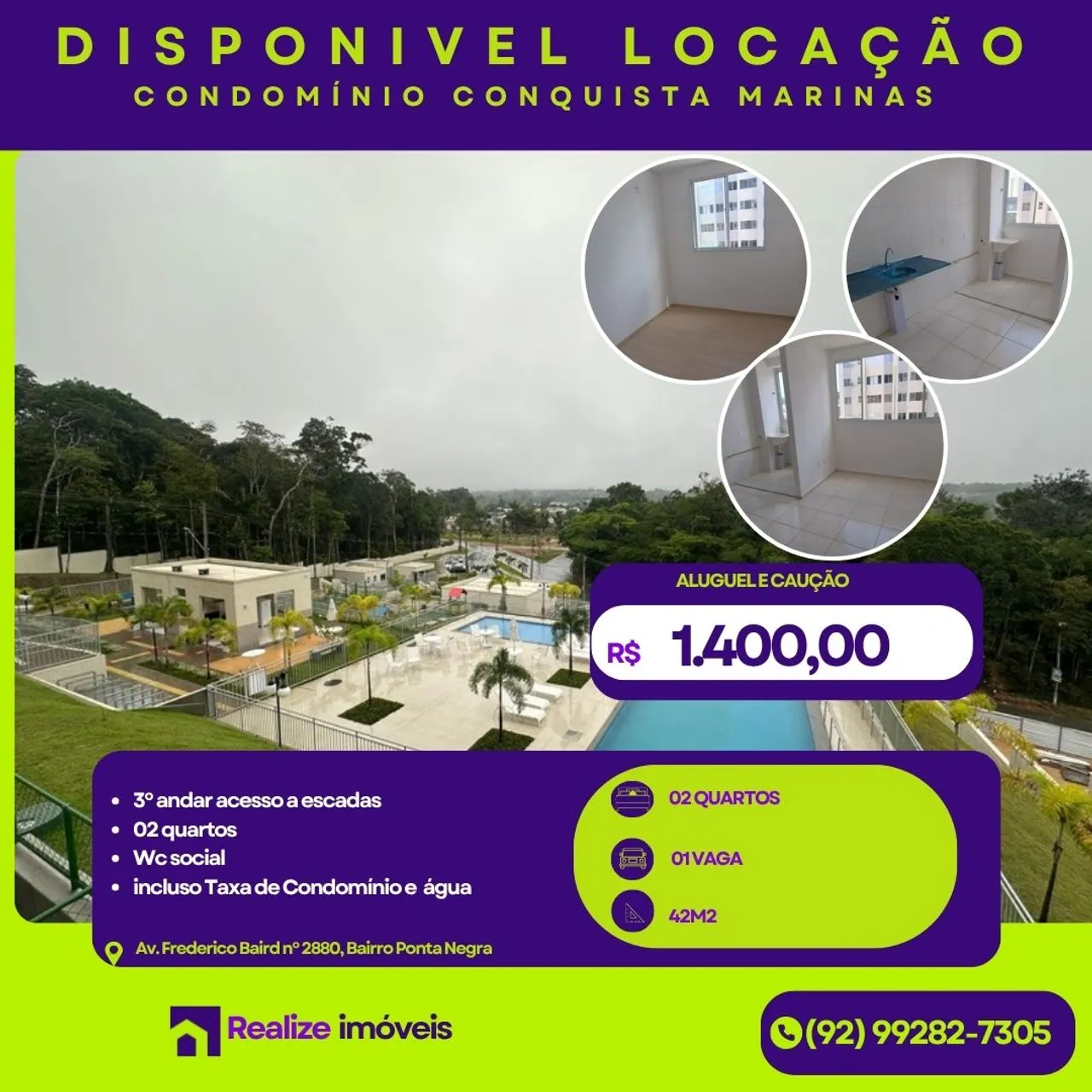 Disponivel para alugar na ponta negra/conquista marinas 3º andar/02 qtos