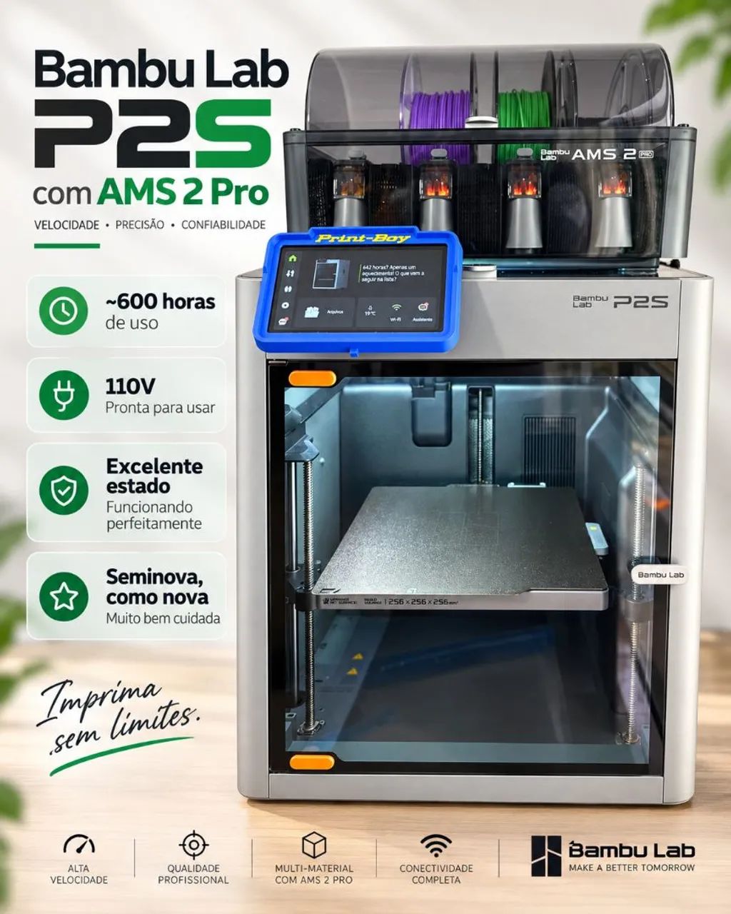 Bambu Lab P2S 110V + AMS 2 Pro | Estado de nova 