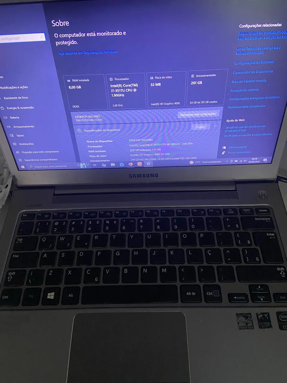 Notebook Samsung Ultra i7 3ª Geração + 8GB RAM + SSD 240GB