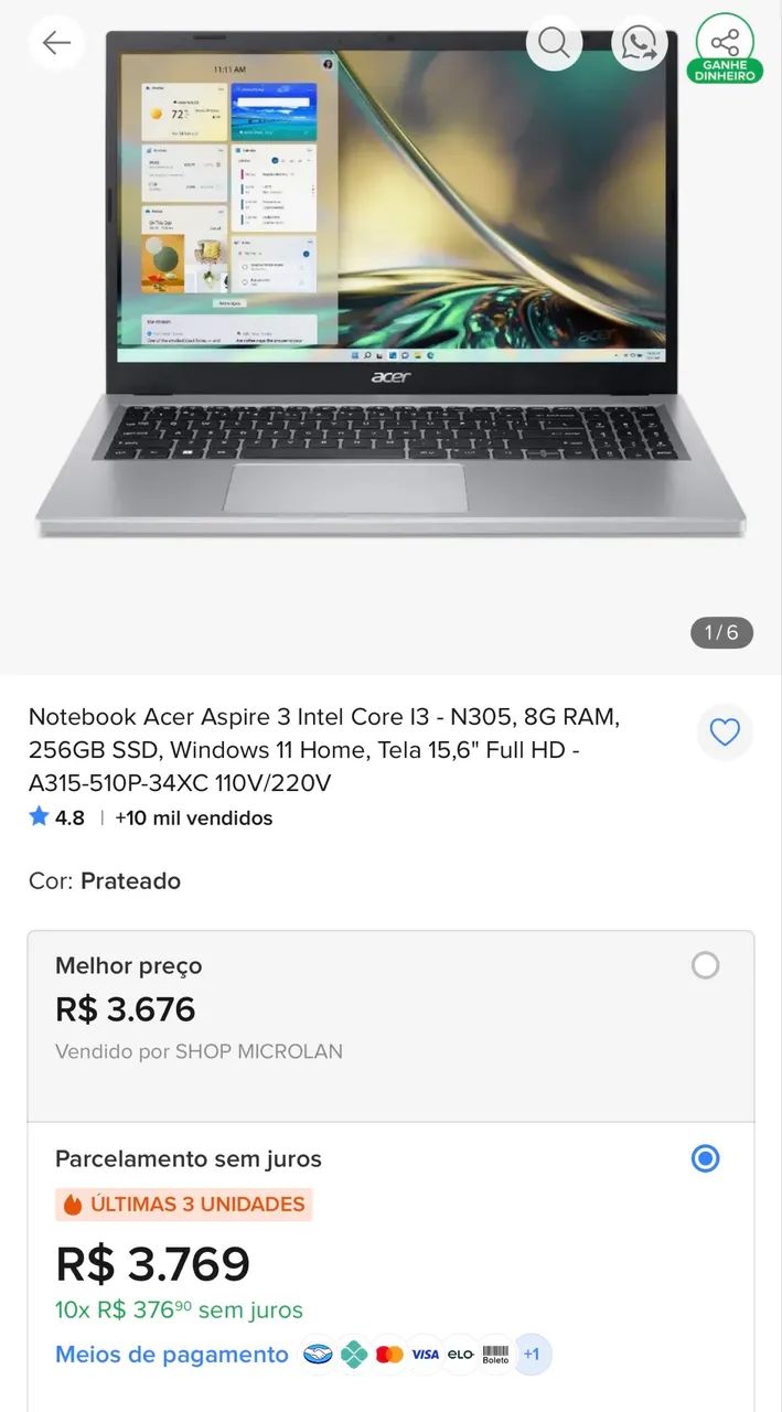 Notebook acer A315 8G RAM 256GB - Foto 3