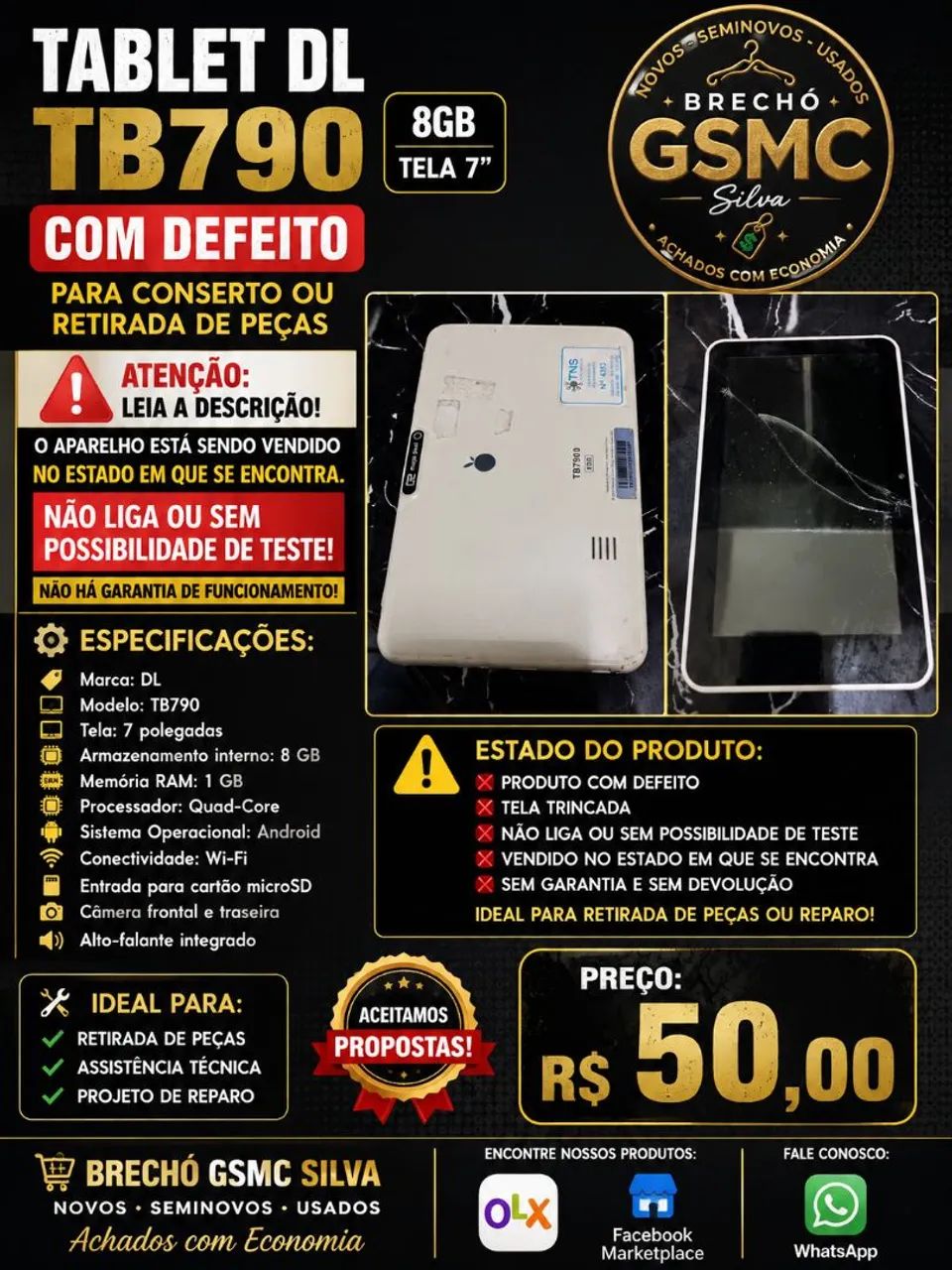 TABLET DL TB790 - 8GB - COM DEFEITO (PARA CONSERTO OU RETIRADA DE PEÇAS)