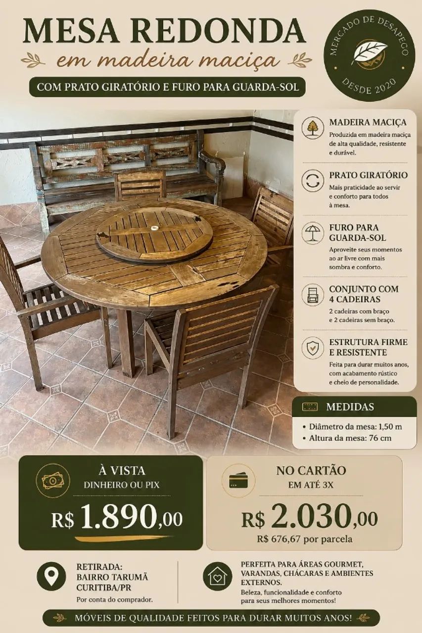 MESA REDONDA EM MADEIRA MACIÇA COM PRATO GIRATÓRIO