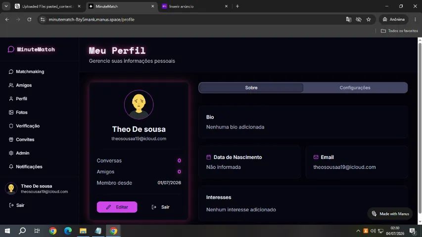 MinuteMatch - Plataforma de Conexões Rápidas