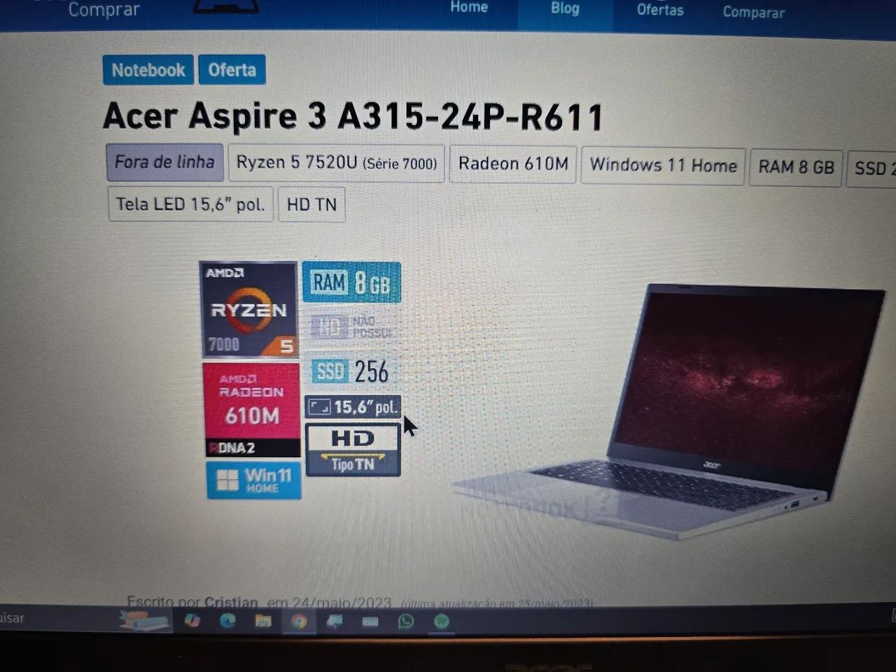 Notebook Acer Ryzen 5 - 7ª geração, 8gb DDR5 5500MhZ, SSD Nvme 256gb - Foto 4