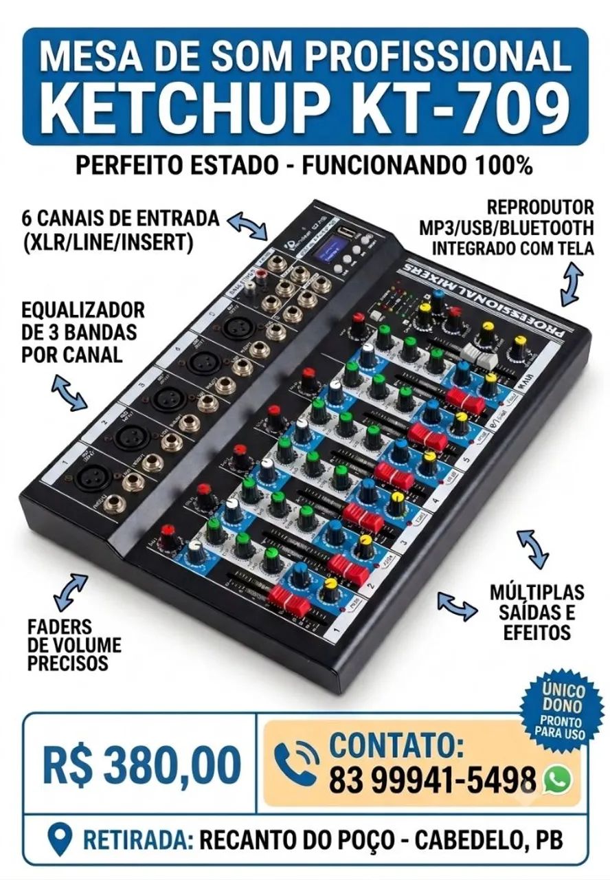 Mesa de Som Ketchup KT-709 - 7 Canais com Bluetooth e USB (Funcionando 100%)