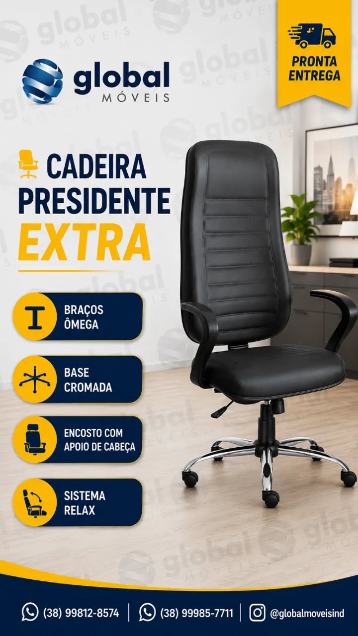 Cadeira presidente extra, base cromada