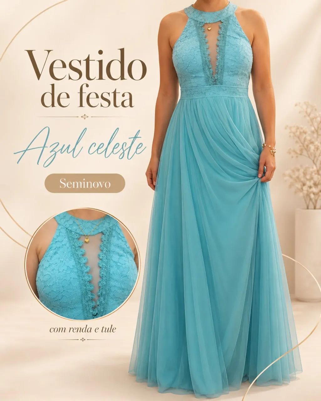Vestido Longo Azul Celeste com Tule e Renda 