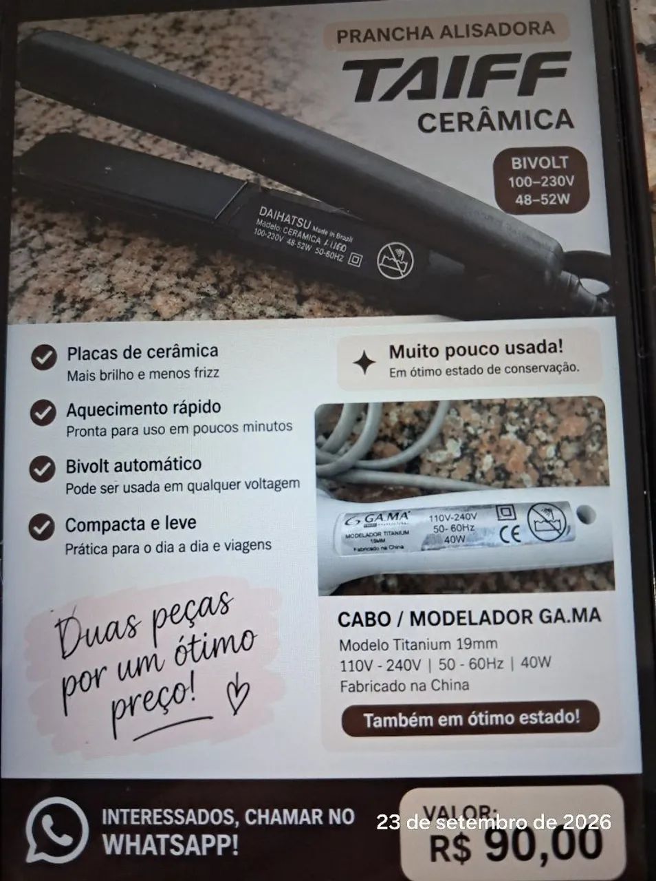 Prancha alisadora e cabo modelador 