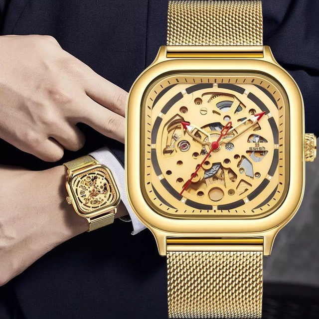 Relógio Automático Dourado Skeleton Quadrado Aço Inox Promoção  - Foto 2