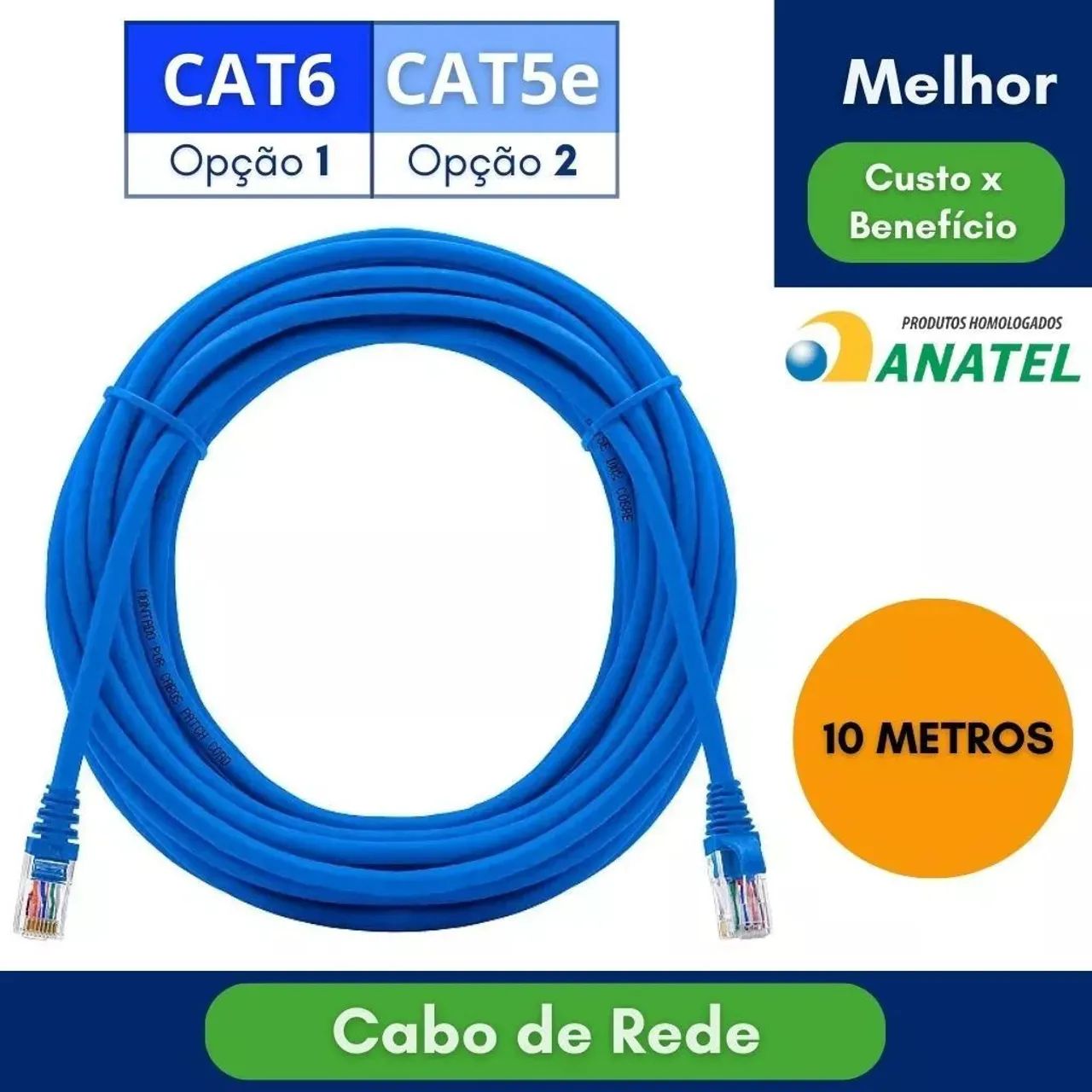 Cabo de Rede Azul Internet Reforçado 10m Pronto para Uso 