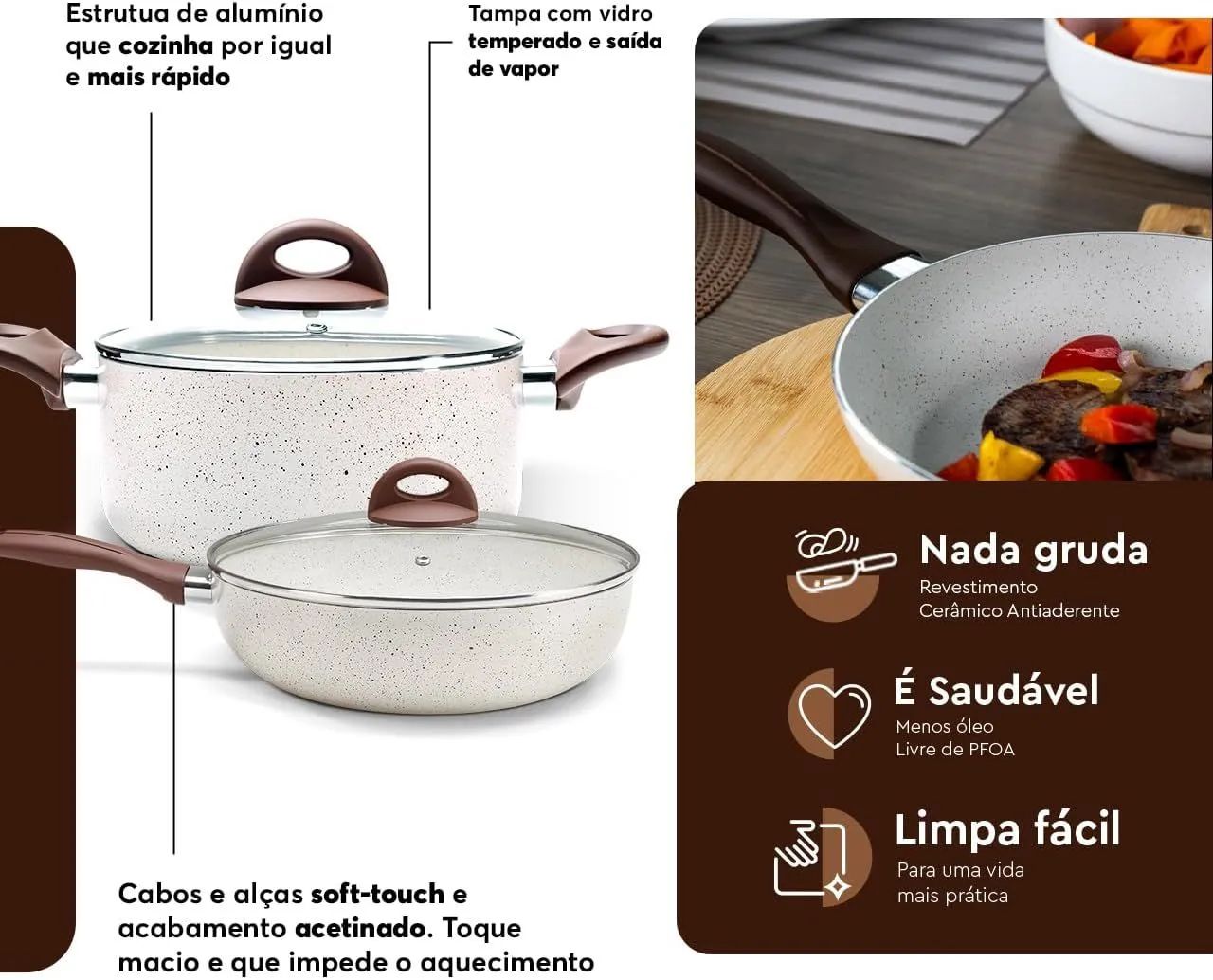Jogo de Panelas Brinox Antiaderente Ceramic Life 8 Peças Smart Plus Vanilla - Foto 2