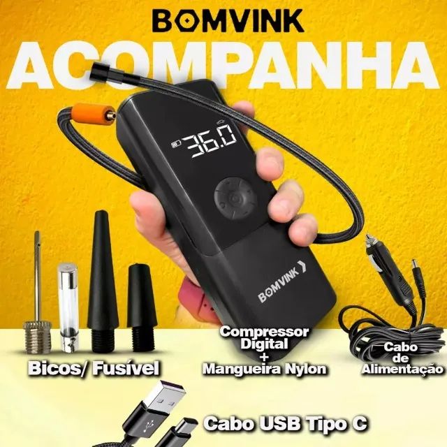 Bomba de Ar Compressor Digital Portátil BomVink BOM-8906 12V 120W Power Bank LED LCD pode 