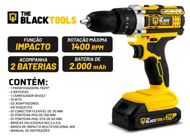 Parafusadeira Furadeira De Impacto The Black Tools Profissional TB-21PX 2 Baterias