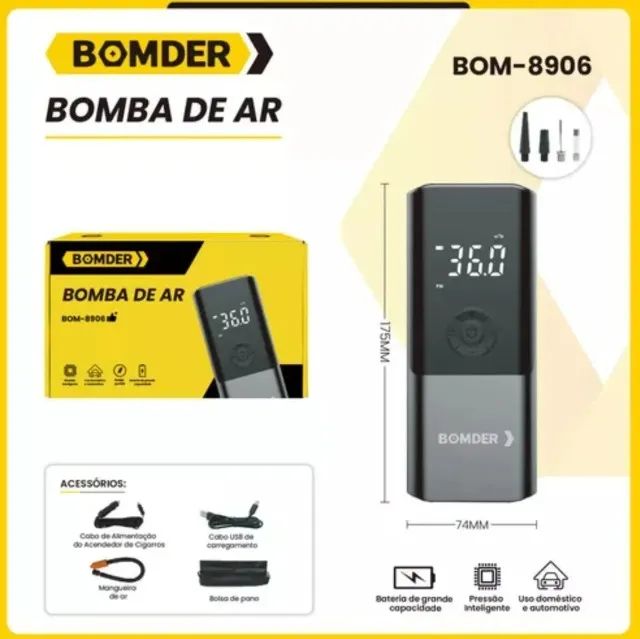 Bomba de Ar Compressor Digital Portátil BomVink BOM-8906 12V 120W Power Bank LED LCD pode  - Foto 3
