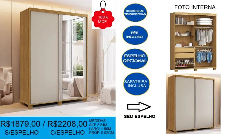 Guarda roupa duas portas de correr solteiro - compre hoje e receba em até 72h - Foto 2