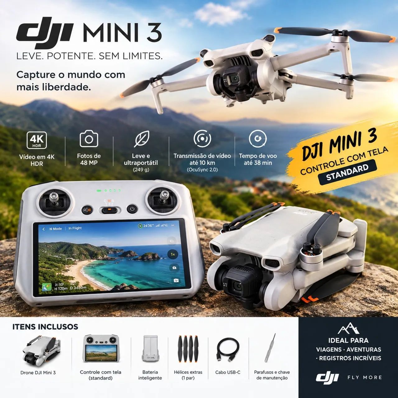 DRONE DJI MINI 3 CONTROLE COM TELA LACRADO 