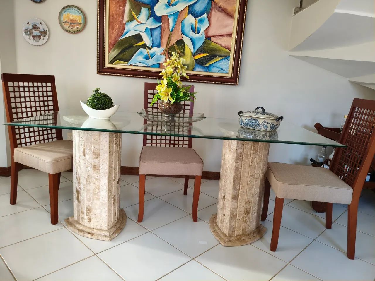 Mesa de vidro, com base em mármore 1,80mx90larg. - Foto 2