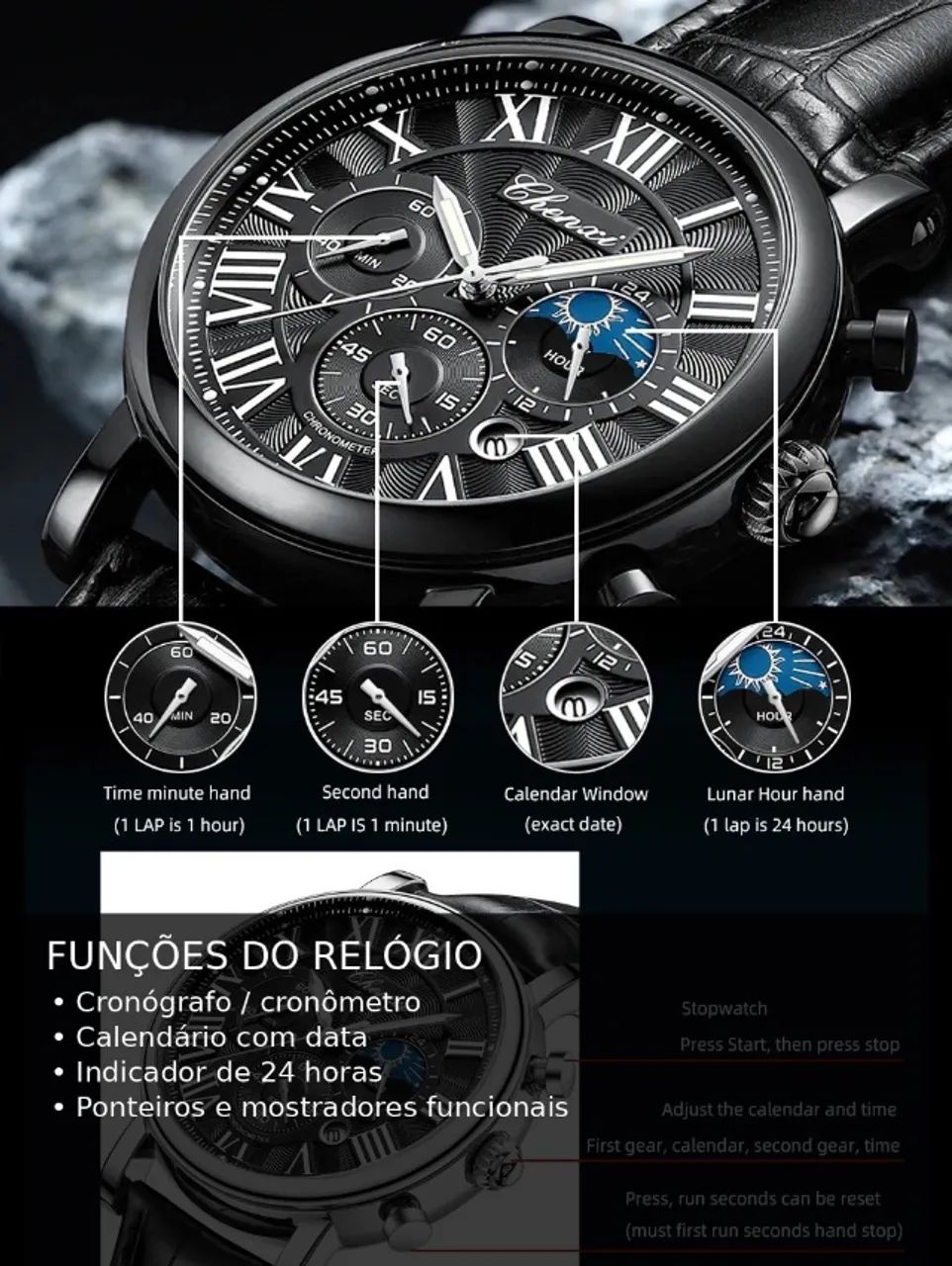 Relógio Masculino Chenxi 973 Cronógrafo Couro Marrom Rose Gold - Foto 4