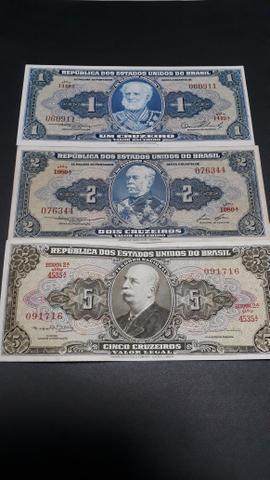 Cédulas 1, 2 E 5 Cruzeiros Em Excelente Estado