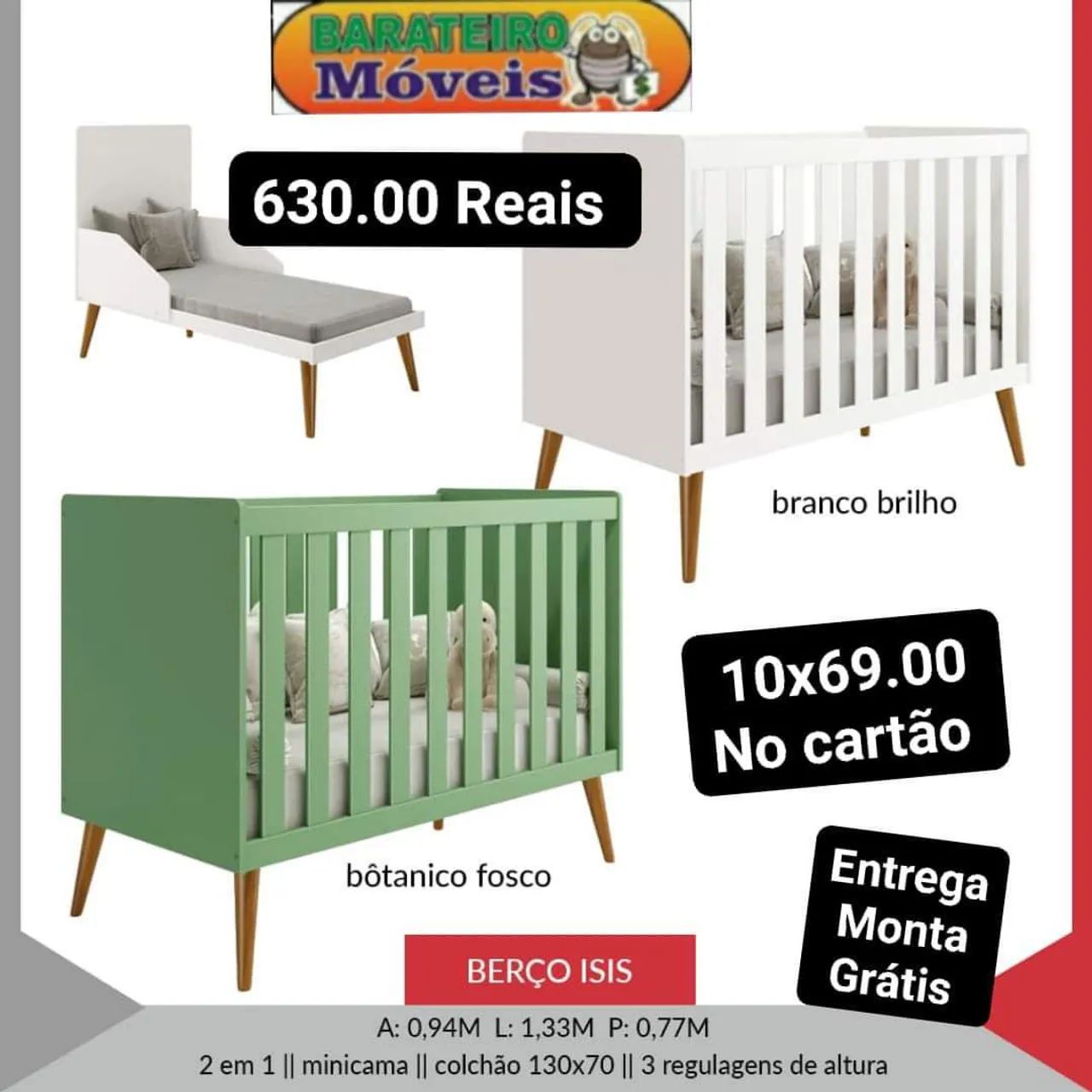 Berço Isis - 2 em 1 com Minicama - Branco Brilho/Botânico Fosco