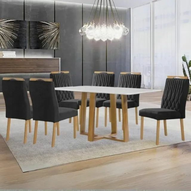 Mesa Pedro 160 Mel/Off White com 6 Cadeiras Gênova Veludo Preto