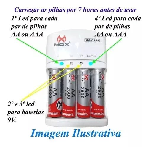 Carregador Com 4 Pilhas Aaa Palito Mo-Cp52 Mox Bateria 1000mah Loja Coimbra Computadores  - Foto 3