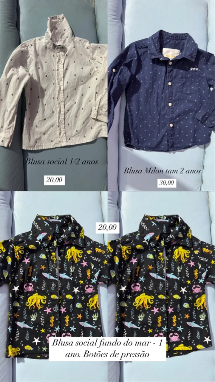 Camisas infantis: social e fundo do mar