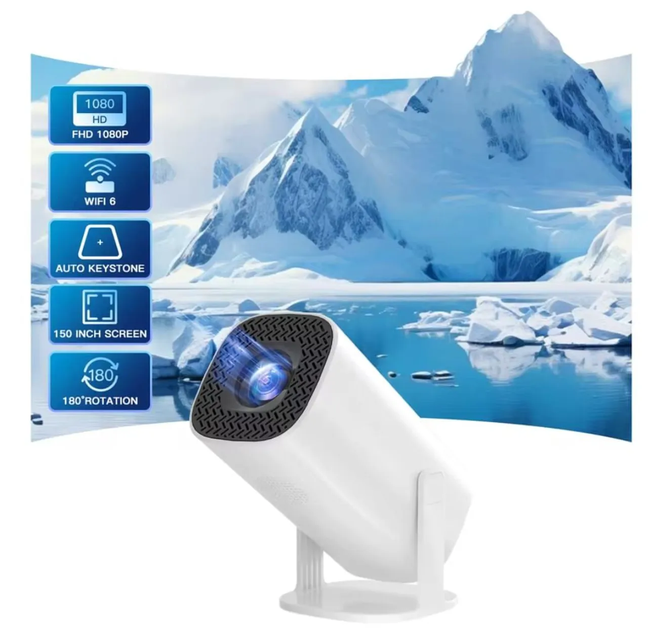 Projetor Portátil Full HD 1080p com Wi-Fi 6 e 180° de rotação
