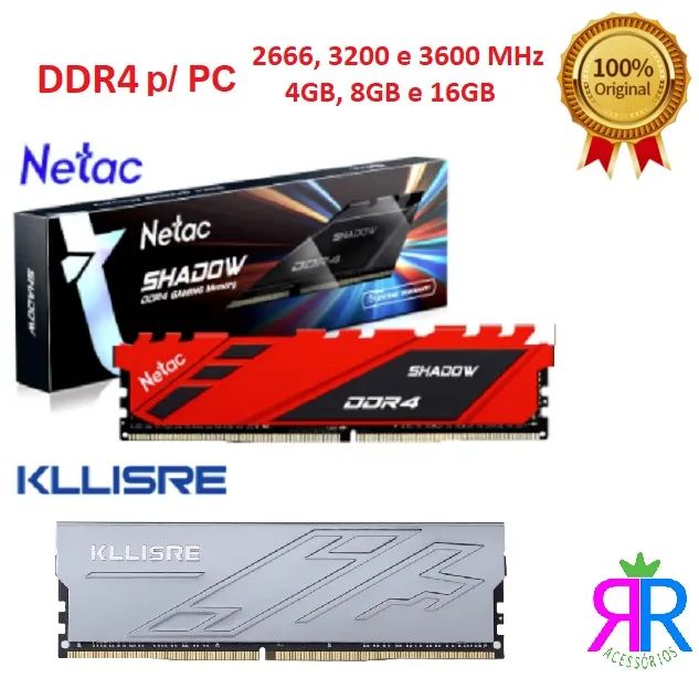 DDR4 p/ PC: 4GB, 8GB e 16GB, 2666 e 3200 MHz - A partir de R$ 250,00