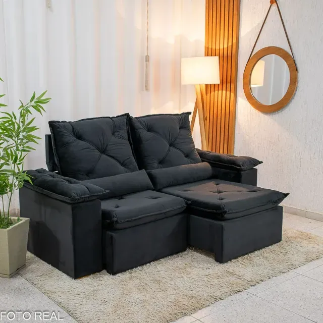 Sofá Retrátil 1.95m Veludo Preto - D28 - ENTREGA EM 24H