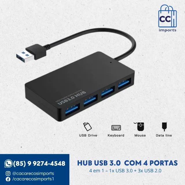 Hub USB 3.0 com 4 Portas para PC e Notebook