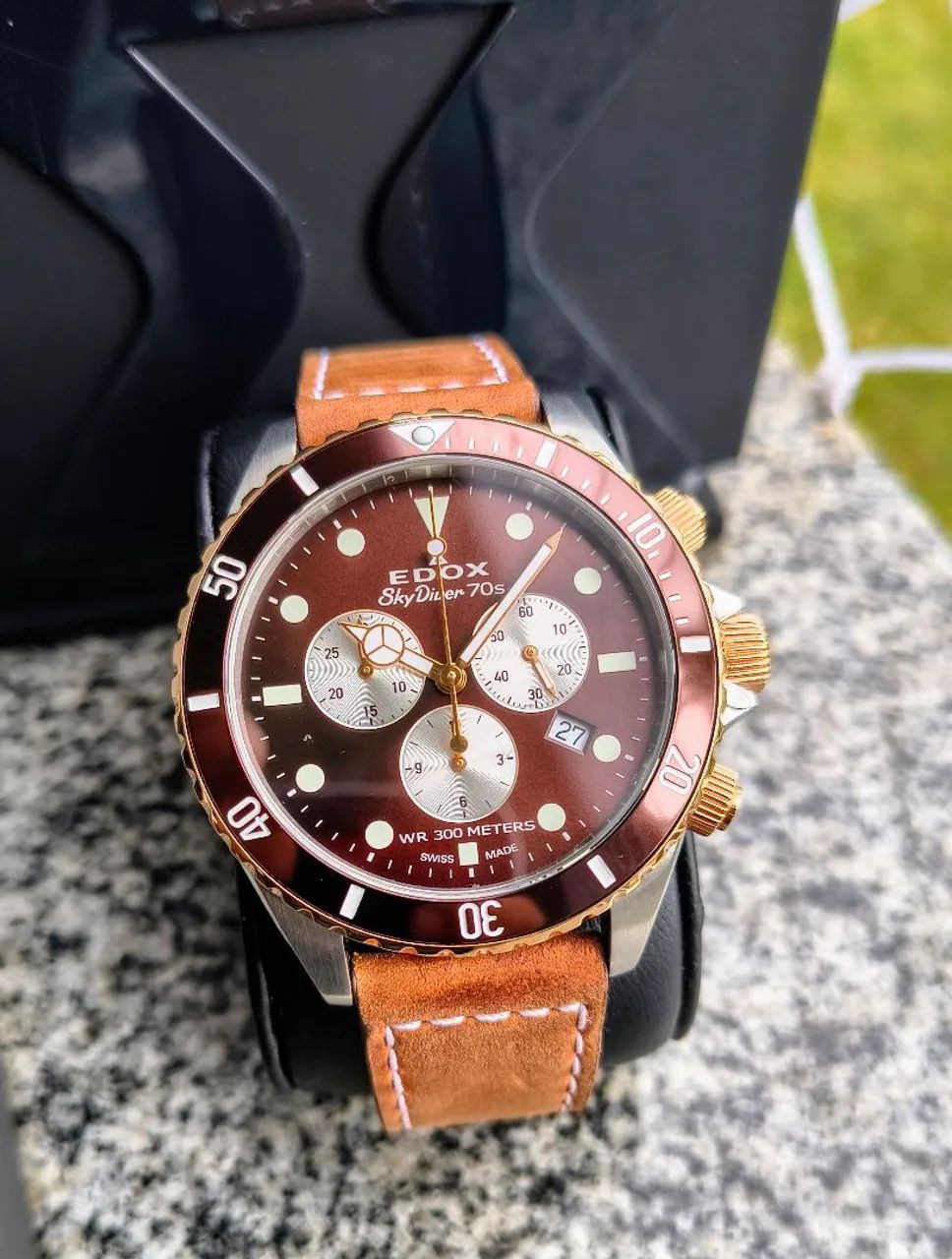 Relógio Edox Skydiver 70s Suíço Chronograph Quartz Pulseira Couro