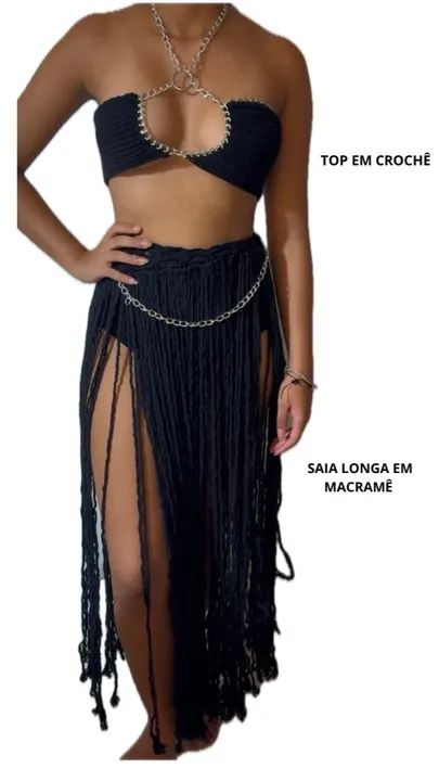 Conjunto Crochê Preto com Saia Longa em Macramê