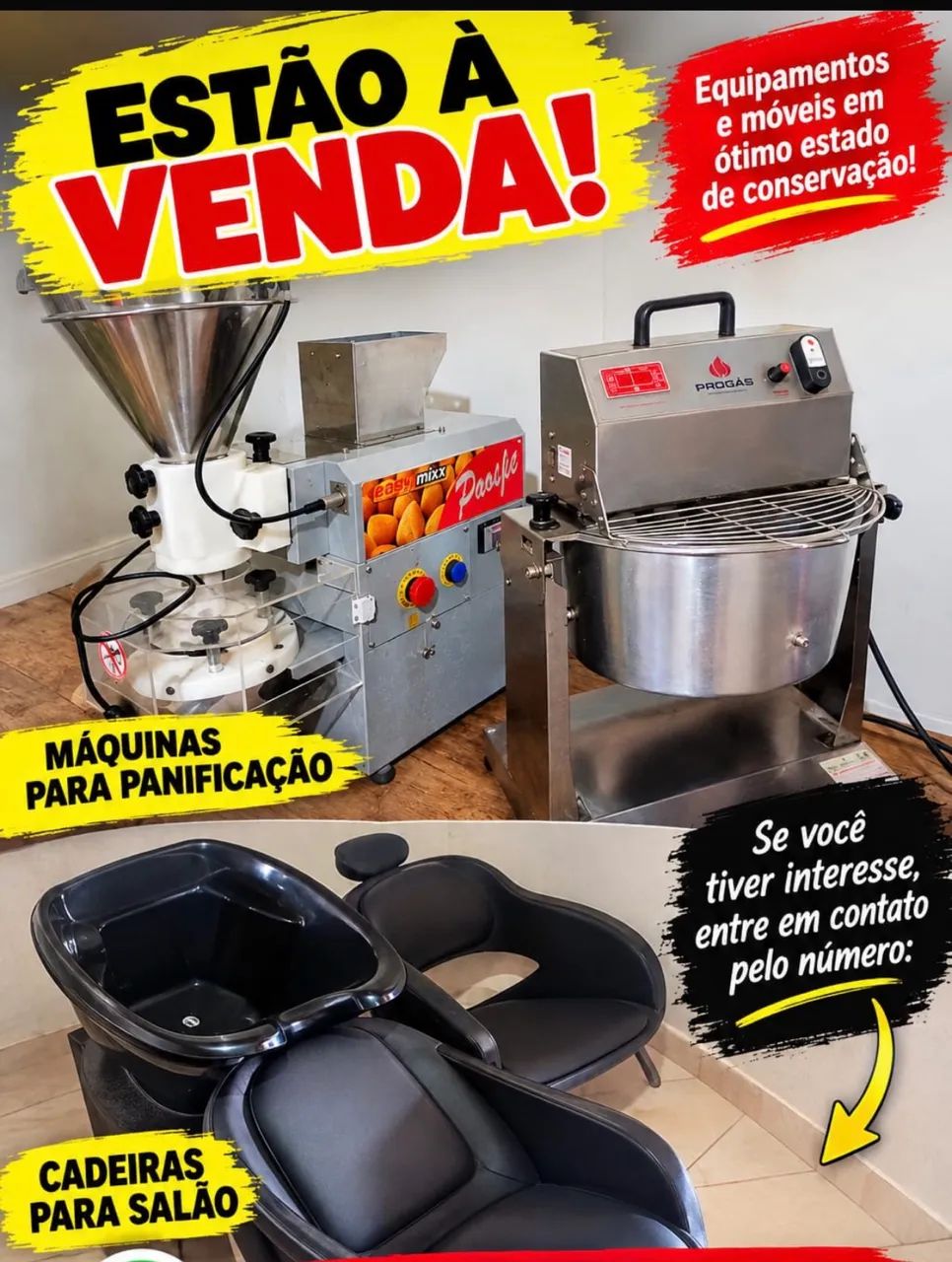 Máquina de panificação e cadeira e lavador de salão 