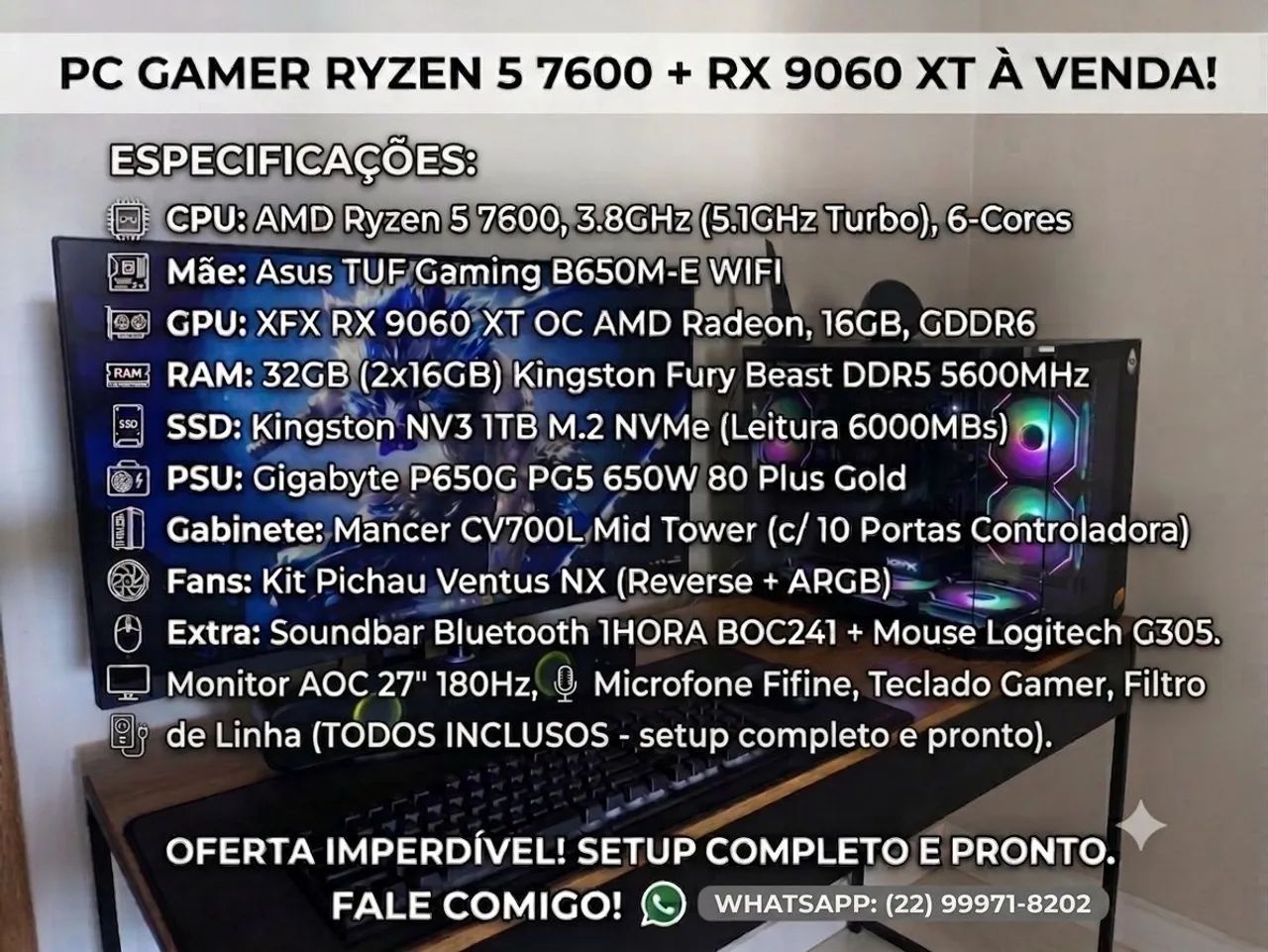 PC GAMER RYZEN 5 7600 + RX 9600 XT À VENDA 