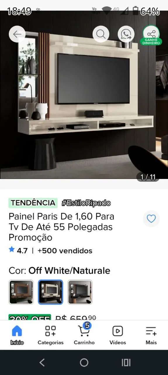 Painel de parede para tv de até 55 polegadas 