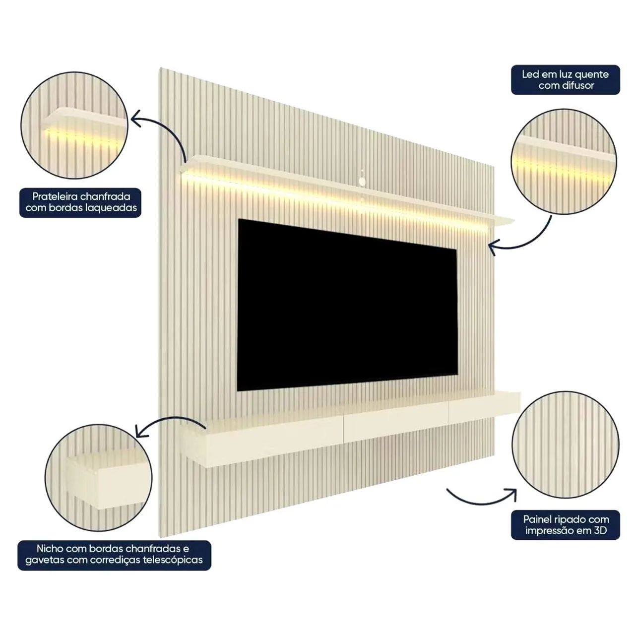 Painel para TV até 90 Polegadas com LED 100% MDF 224cmx250cm Impressão Ripada com Gaveta - Foto 4