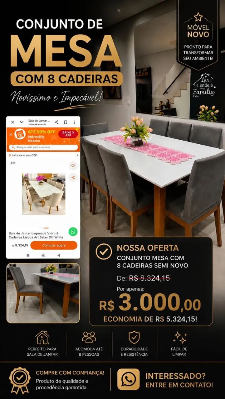 Conjunto de mesa e 8 cadeiras 