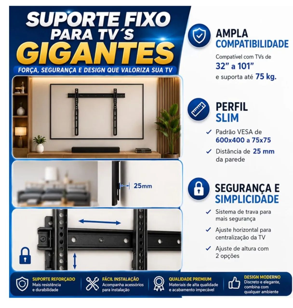 Suporte para tv fixo em aço carbono fixo universal para 32 a 101 polegadas - Foto 2