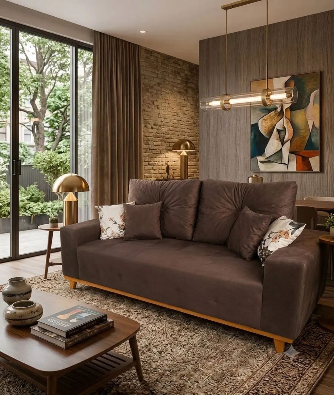Sofá retrô quadrado 3 lugares com 4 almofadas decorativas grátis 