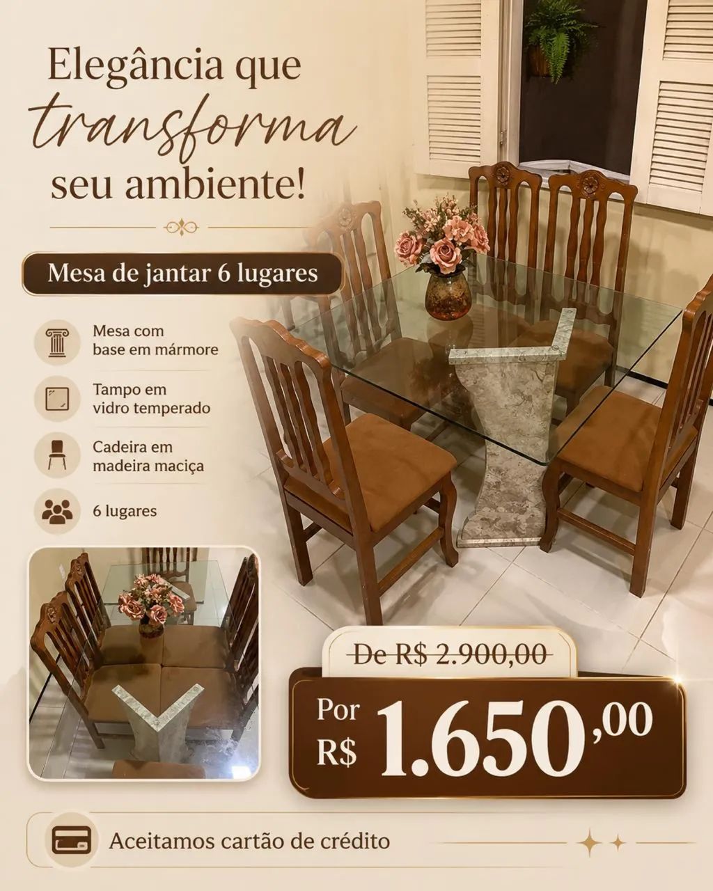 Mesa de jantar 6 lugares - Mármore com vidro e madeira 
