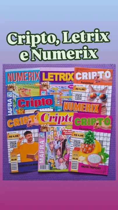 CRIPTO, NUMERIX, LETRIX, CAÇA PALAVRAS OU PALAVRAS CRUZADAS POR 2 REAIS 